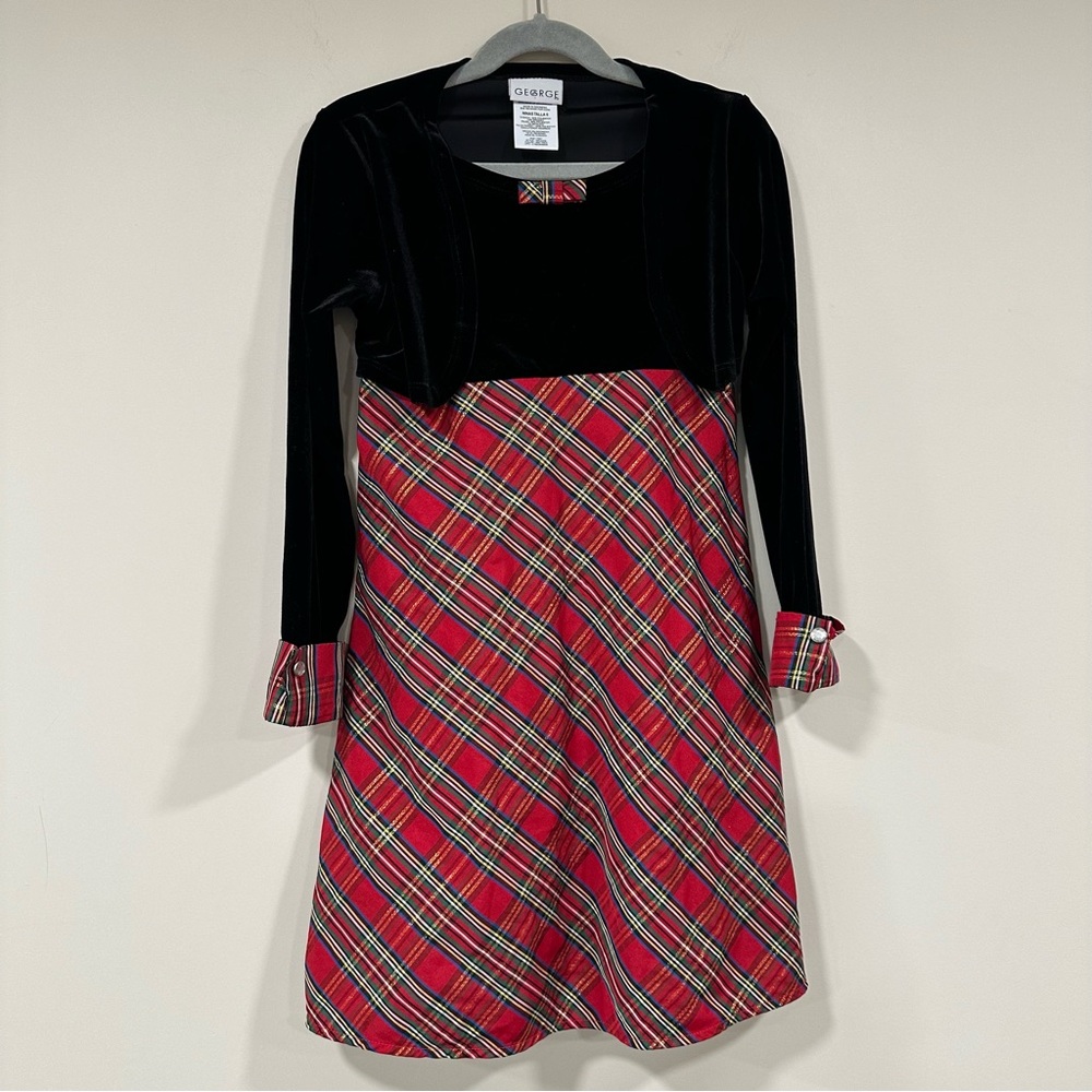 GEORGE Girls Holiday Christmas Plaid Velour Bolero Dress Size 6